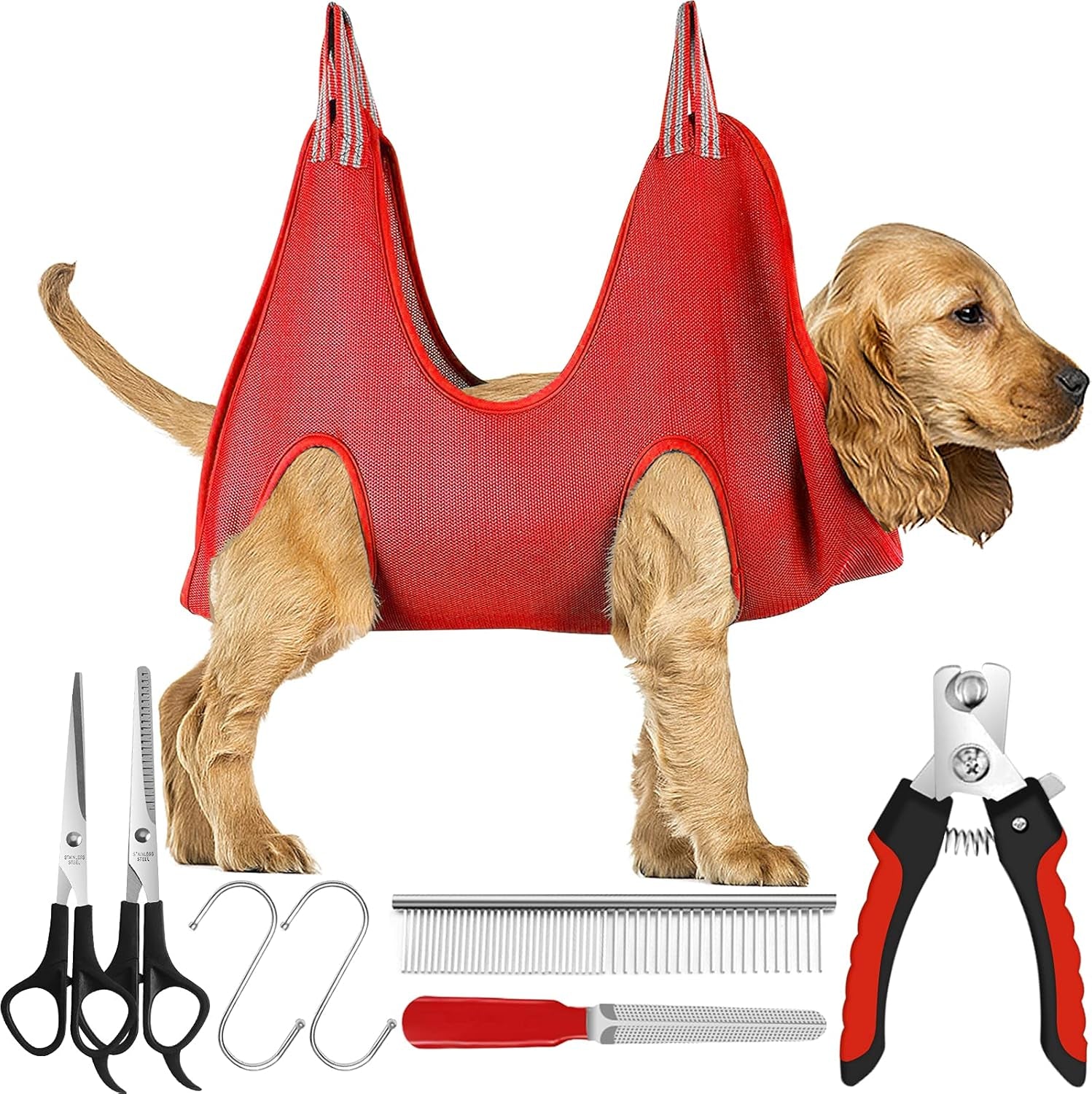 Pet Dog Grooming Hammock Harness Pet Grooming Sling Helper with Nail Clippers, Pet Comb, Nail File, Pet Restraint Bag Dog Hammock Helper for Nail Clipper Bathing Washing Grooming