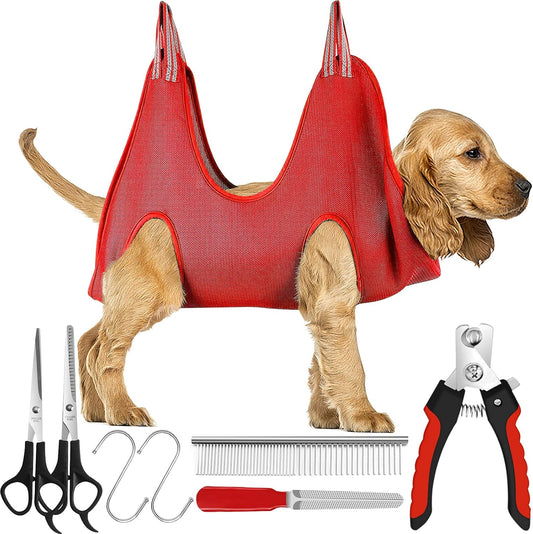 Pet Dog Grooming Hammock Harness Pet Grooming Sling Helper with Nail Clippers, Pet Comb, Nail File, Pet Restraint Bag Dog Hammock Helper for Nail Clipper Bathing Washing Grooming