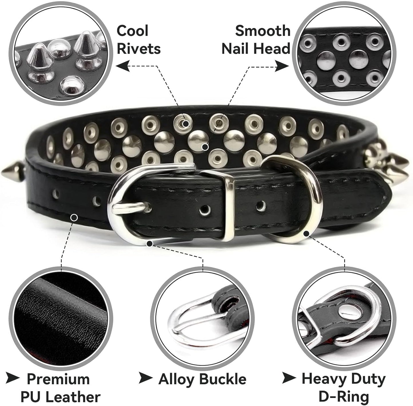 Small Spiked Black Dog Cat Collar for Small Medium Dogs Boy Male - Adjustable Studded Puppy Collars - Soft Padded Punk Leather Dog Collar for Chihuahua French Bulldog Pug (Black,Xs)