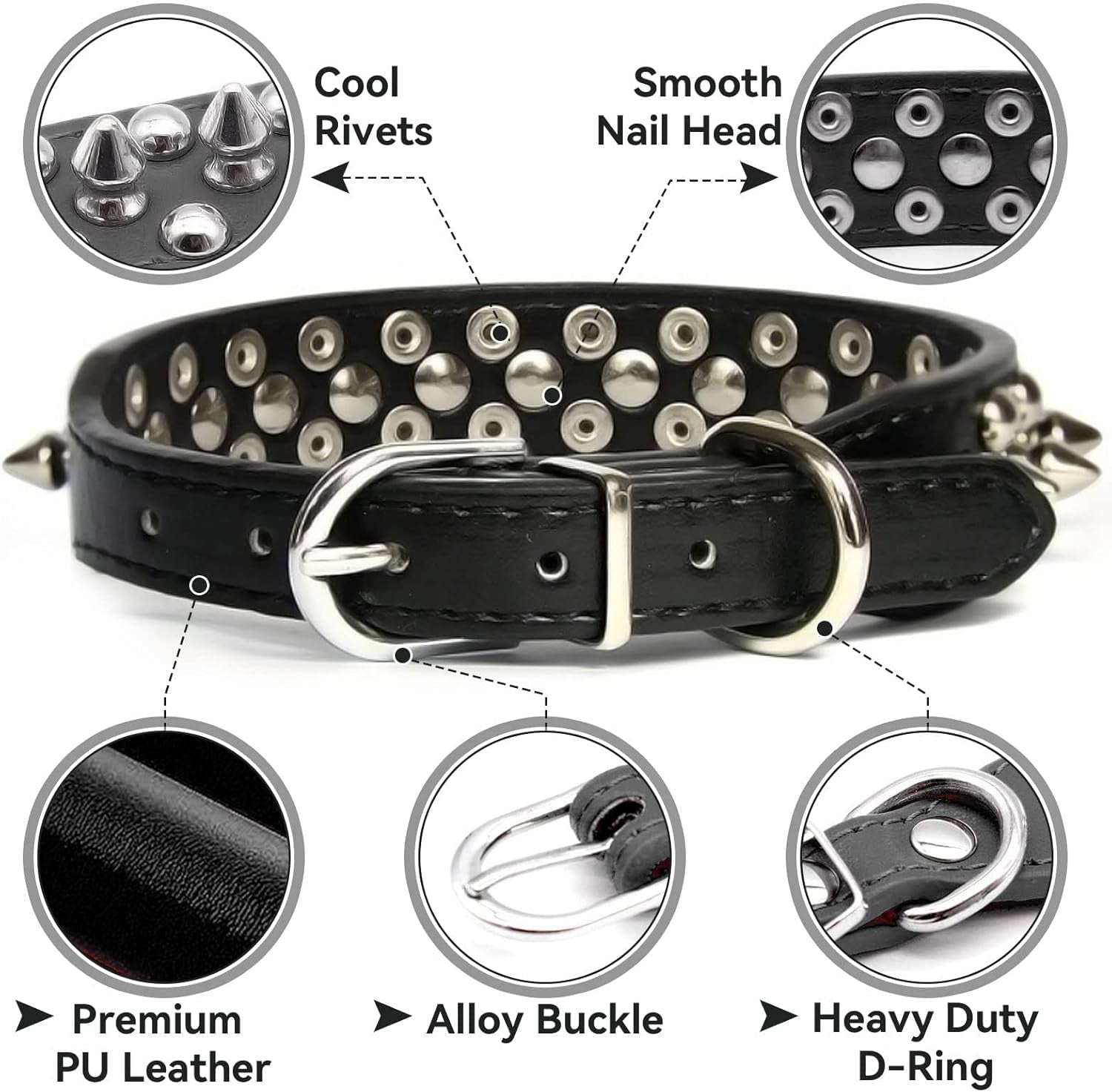 Small Spiked Black Dog Cat Collar for Small Medium Dogs Boy Male - Adjustable Studded Puppy Collars - Soft Padded Punk Leather Dog Collar for Chihuahua French Bulldog Pug (Black,Xs)