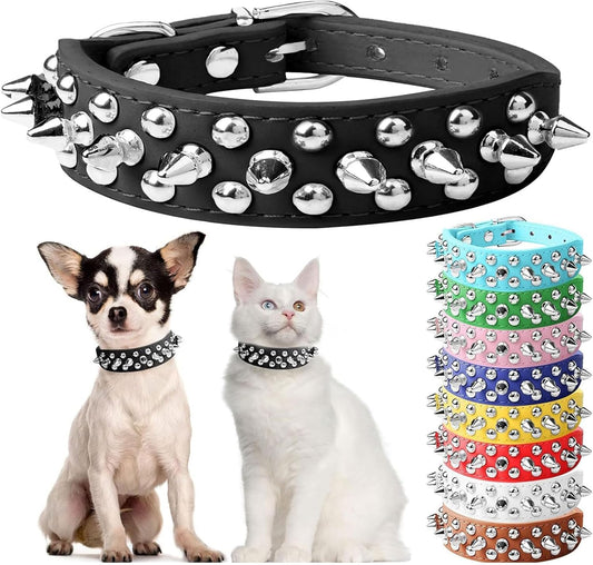 Small Spiked Black Dog Cat Collar for Small Medium Dogs Boy Male - Adjustable Studded Puppy Collars - Soft Padded Punk Leather Dog Collar for Chihuahua French Bulldog Pug (Black,Xs)