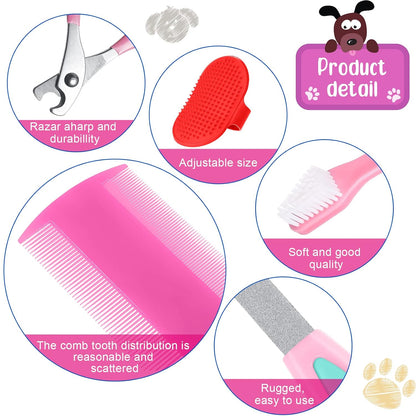 12 Pieces Rabbit Grooming Kit Nail Clipper and Trimmer Pet Hair Remover Long and Short Comb Tear Stain Remover Comb Small Animal Massage Brush Double-Sided Comb Toothbrush for Rabbit Hamster (Pink)