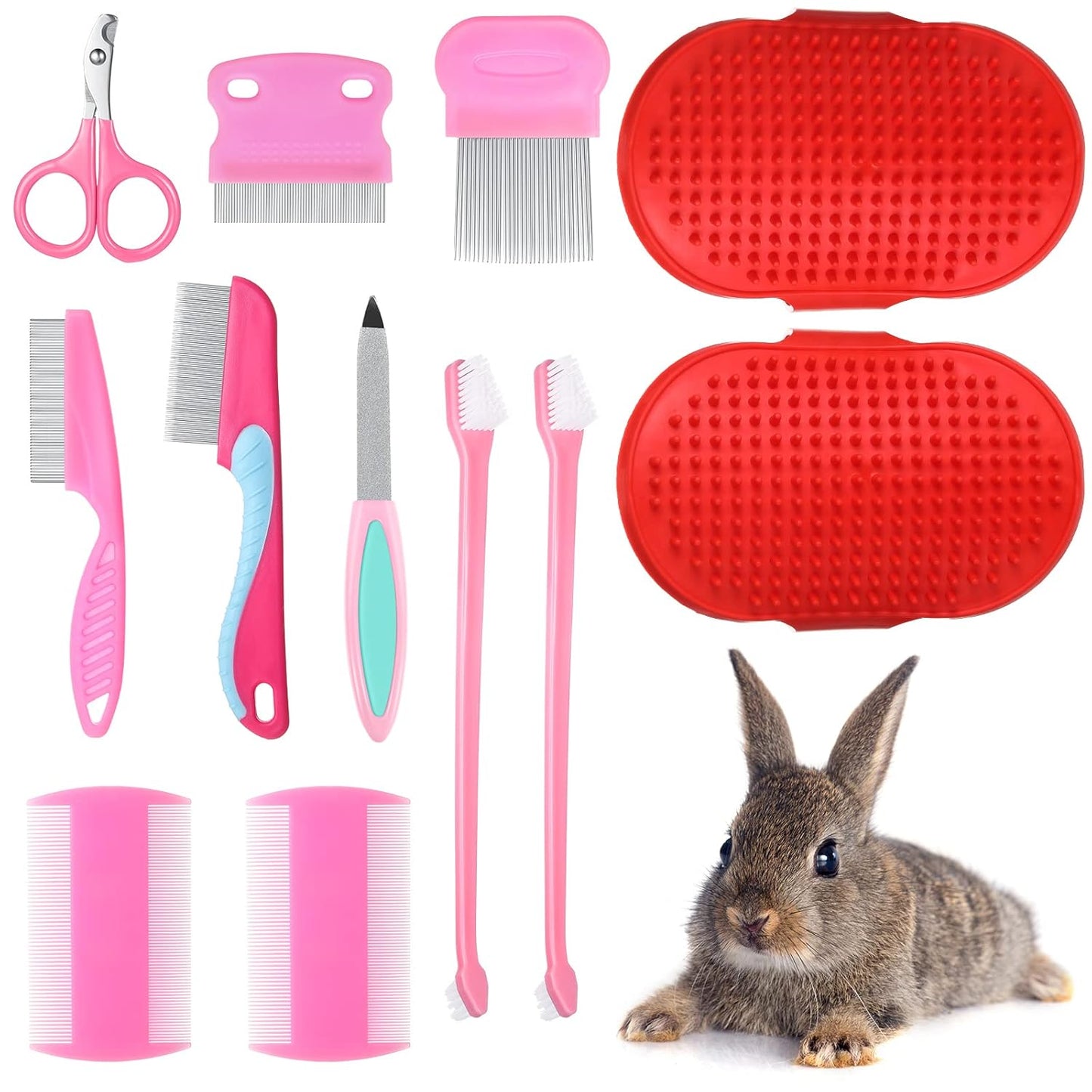 12 Pieces Rabbit Grooming Kit Nail Clipper and Trimmer Pet Hair Remover Long and Short Comb Tear Stain Remover Comb Small Animal Massage Brush Double-Sided Comb Toothbrush for Rabbit Hamster (Pink)