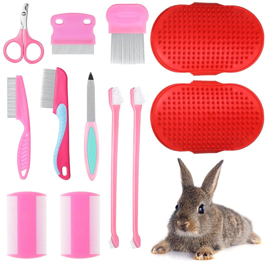 12 Pieces Rabbit Grooming Kit Nail Clipper and Trimmer Pet Hair Remover Long and Short Comb Tear Stain Remover Comb Small Animal Massage Brush Double-Sided Comb Toothbrush for Rabbit Hamster (Pink)