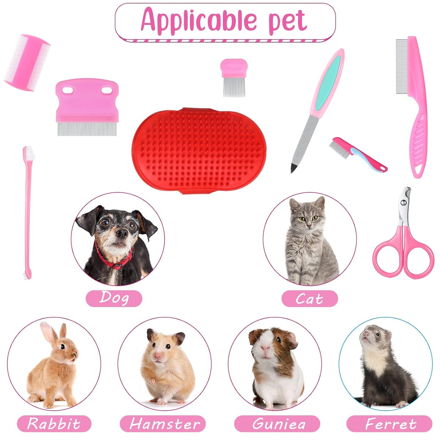 12 Pieces Rabbit Grooming Kit Nail Clipper and Trimmer Pet Hair Remover Long and Short Comb Tear Stain Remover Comb Small Animal Massage Brush Double-Sided Comb Toothbrush for Rabbit Hamster (Pink)