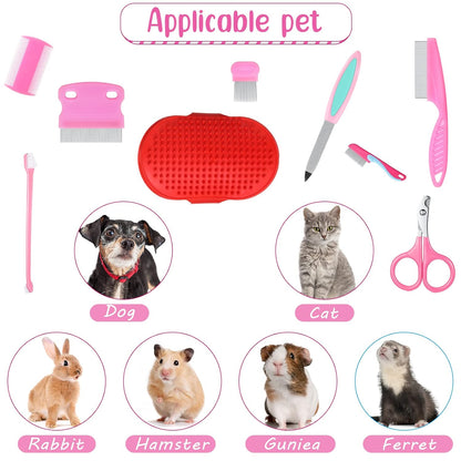 12 Pieces Rabbit Grooming Kit Nail Clipper and Trimmer Pet Hair Remover Long and Short Comb Tear Stain Remover Comb Small Animal Massage Brush Double-Sided Comb Toothbrush for Rabbit Hamster (Pink)