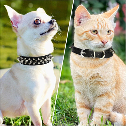 Small Spiked Black Dog Cat Collar for Small Medium Dogs Boy Male - Adjustable Studded Puppy Collars - Soft Padded Punk Leather Dog Collar for Chihuahua French Bulldog Pug (Black,Xs)