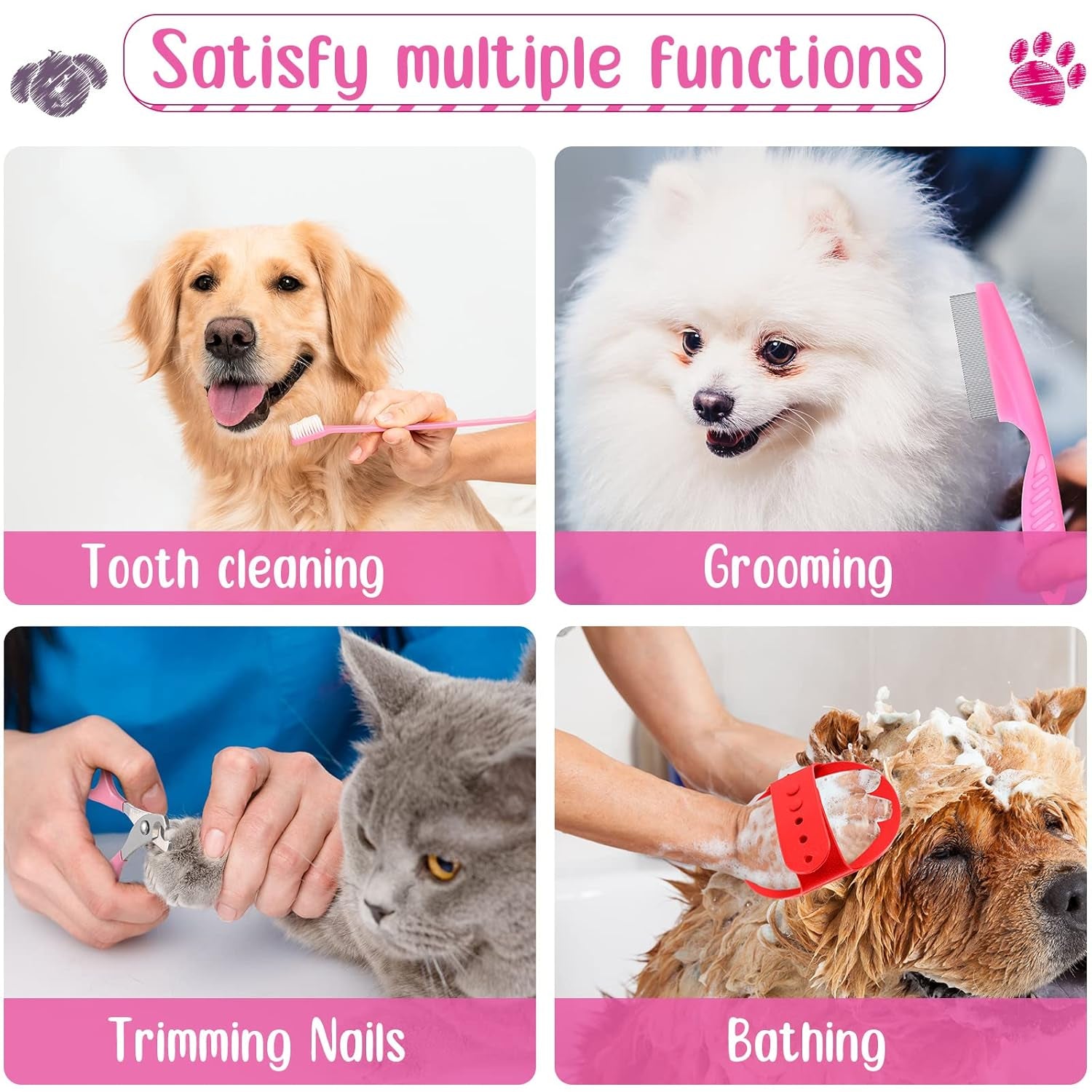 12 Pieces Rabbit Grooming Kit Nail Clipper and Trimmer Pet Hair Remover Long and Short Comb Tear Stain Remover Comb Small Animal Massage Brush Double-Sided Comb Toothbrush for Rabbit Hamster (Pink)